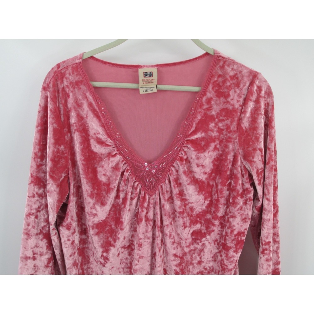 Faded Glory Pink Velvet Lace Trim Pullover Top Women L 12/14 V-Neck Y2K Retro - Picture 2 of 13